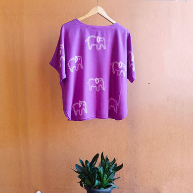 Purple Elephants  - Soft Shibori Cotton Top